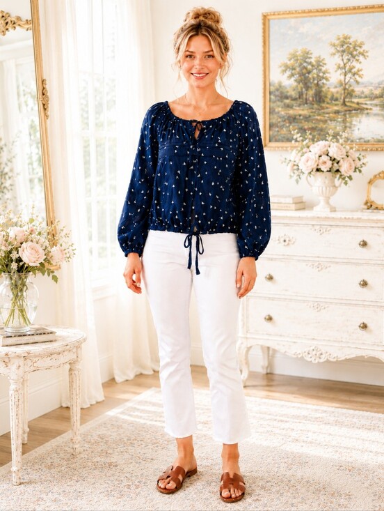Universal Thread Tops - Universal Thread Navy Floral Peasant Blouse Boho Tie Neck Top Size Small